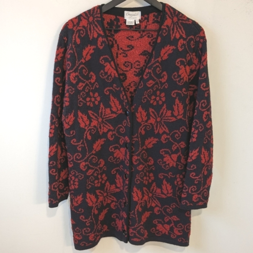 Vintage Cherry Lewis Made n England Wool Blend Red Black Floral Cardigan Sweater